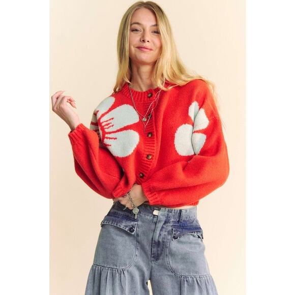 Davi & Dani Flower Contrast Round Neck Long Sleeves Cropped Cardigan | Orange - Picture 2 of 7